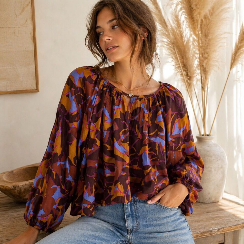 Roller Rabbit Boho Blouse Floral Abstract Print Peasant Top XS Long Puff Sleeve
